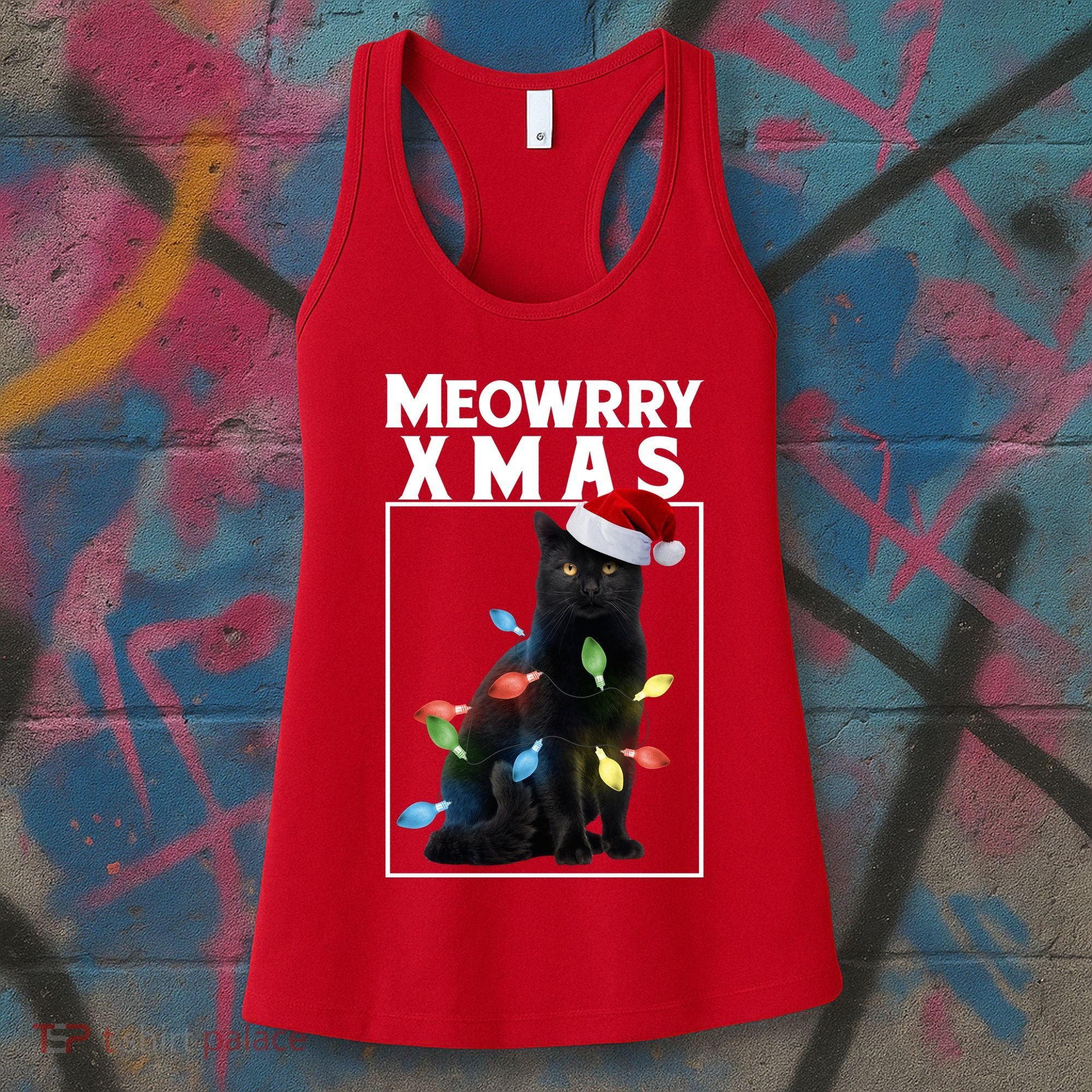 Meowy Christmas Cat With Lights And Santa Hat Women's Tank Top