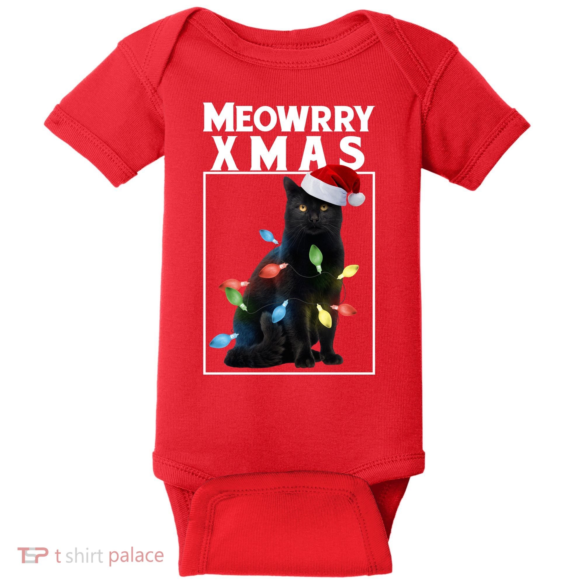 Meowy Christmas Cat With Lights And Santa Hat Baby Bodysuit