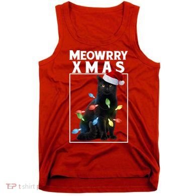 Meowy Christmas Cat With Lights And Santa Hat Tank Top