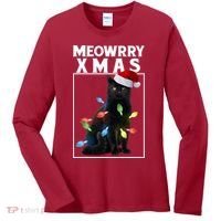 Meowy Christmas Cat With Lights And Santa Hat Women's Long Sleeve Shirt thumb 0