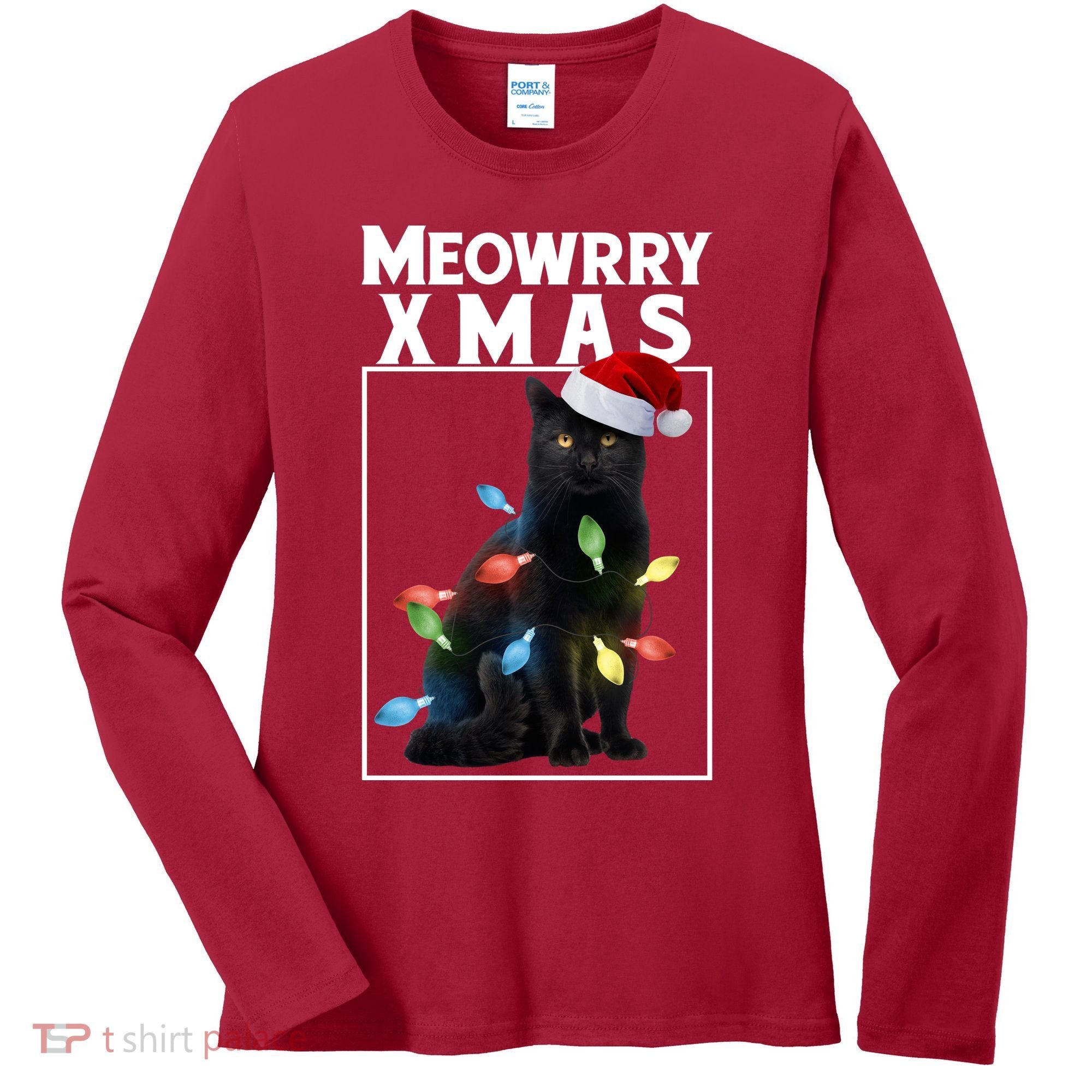 Meowy Christmas Cat With Lights And Santa Hat Women's Long Sleeve Shirt