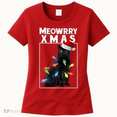 Meowy Christmas Cat With Lights And Santa Hat Women's T-Shirt