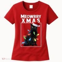 Meowy Christmas Cat With Lights And Santa Hat Women's T-Shirt thumb 0