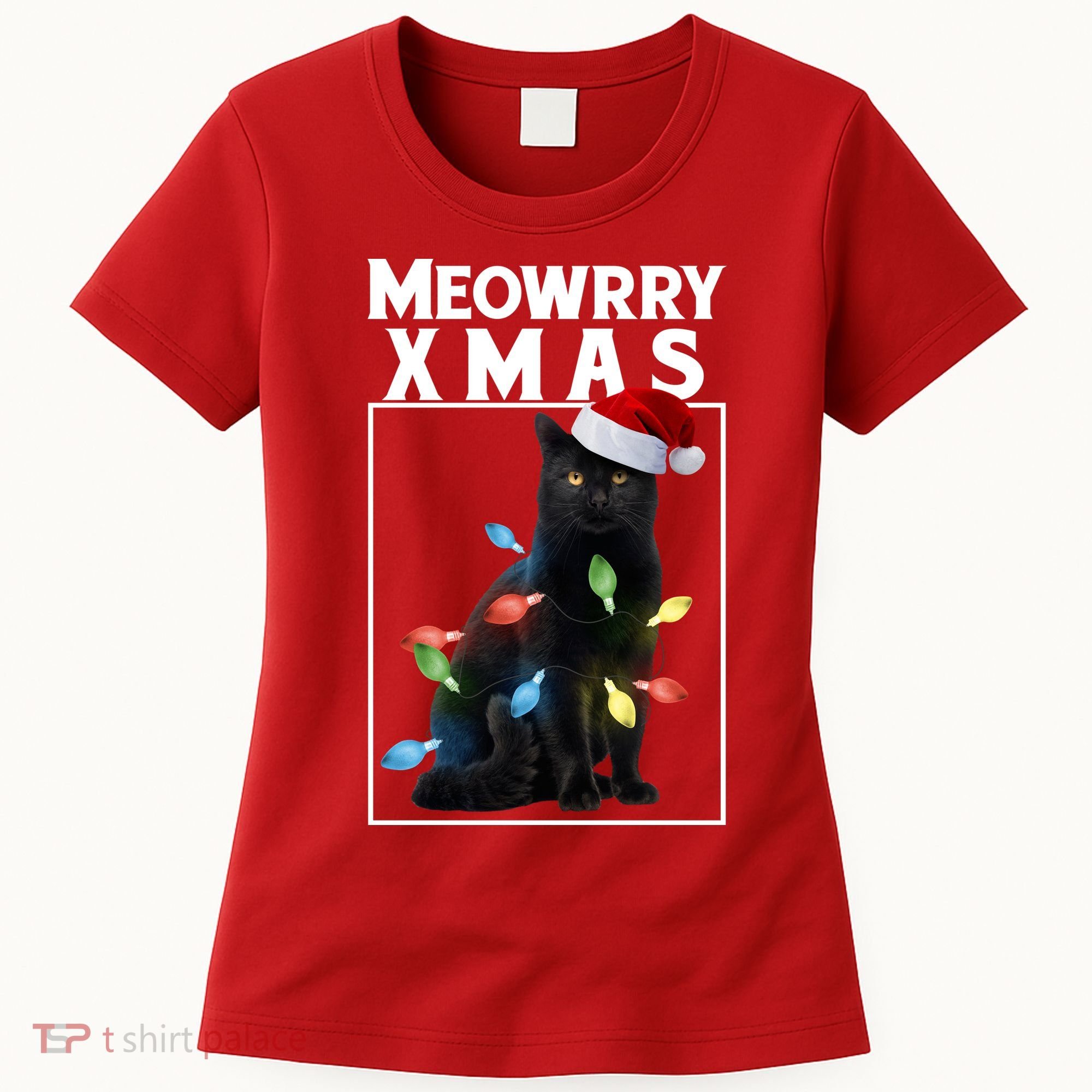 Meowy Christmas Cat With Lights And Santa Hat Women's T-Shirt