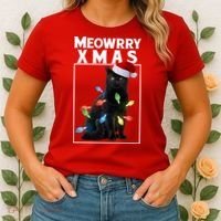 Meowy Christmas Cat With Lights And Santa Hat Women's T-Shirt thumb 2