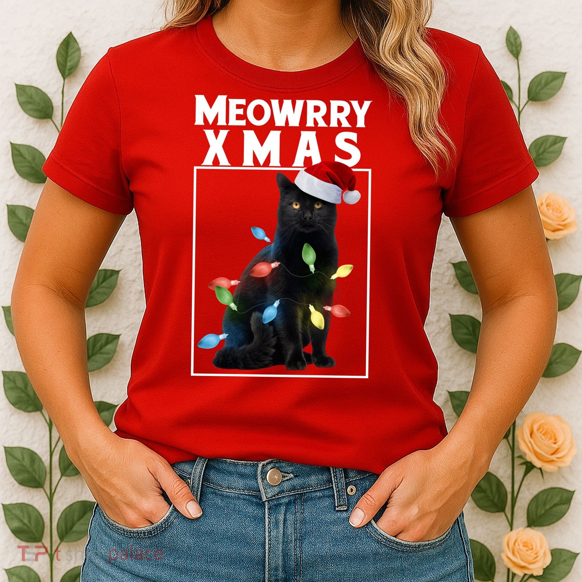 Meowy Christmas Cat With Lights And Santa Hat Women's T-Shirt