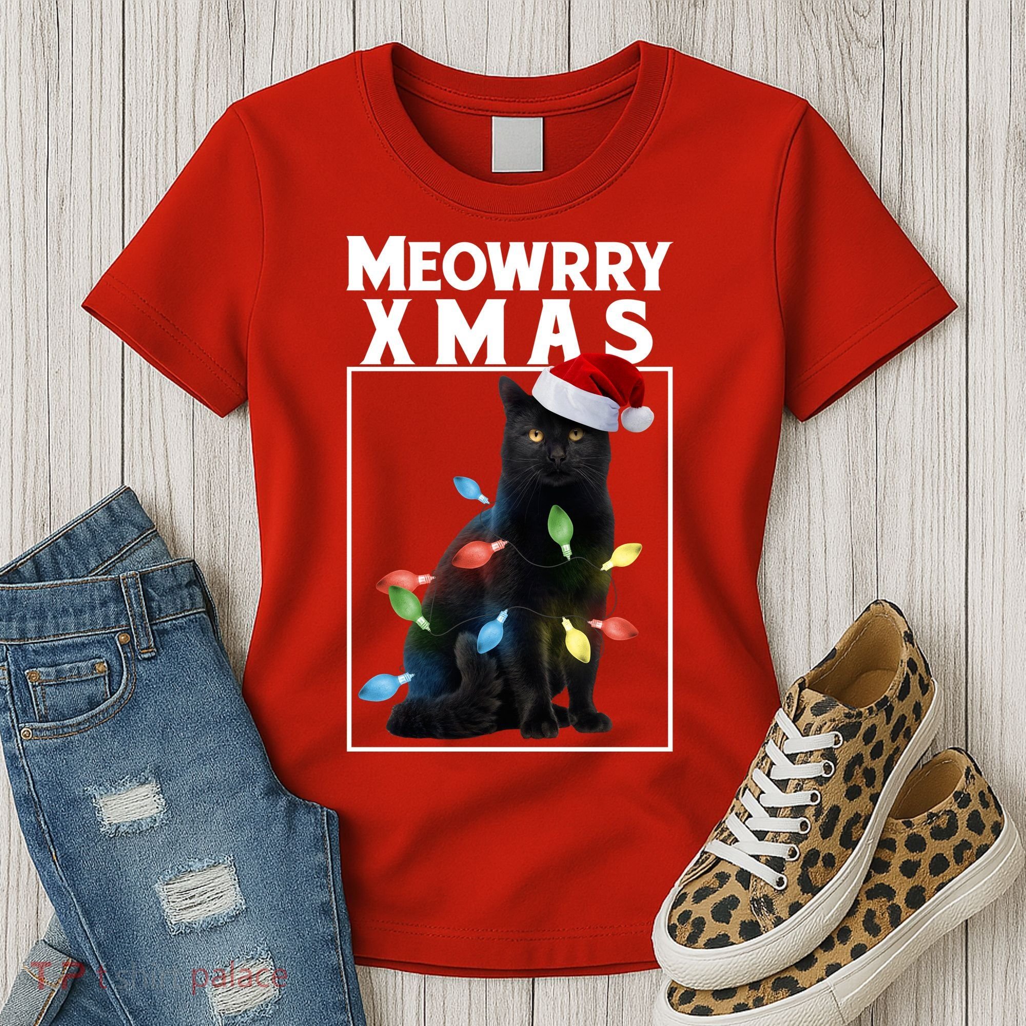 Meowy Christmas Cat With Lights And Santa Hat Women's T-Shirt