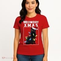 Meowy Christmas Cat With Lights And Santa Hat Women's T-Shirt thumb 4