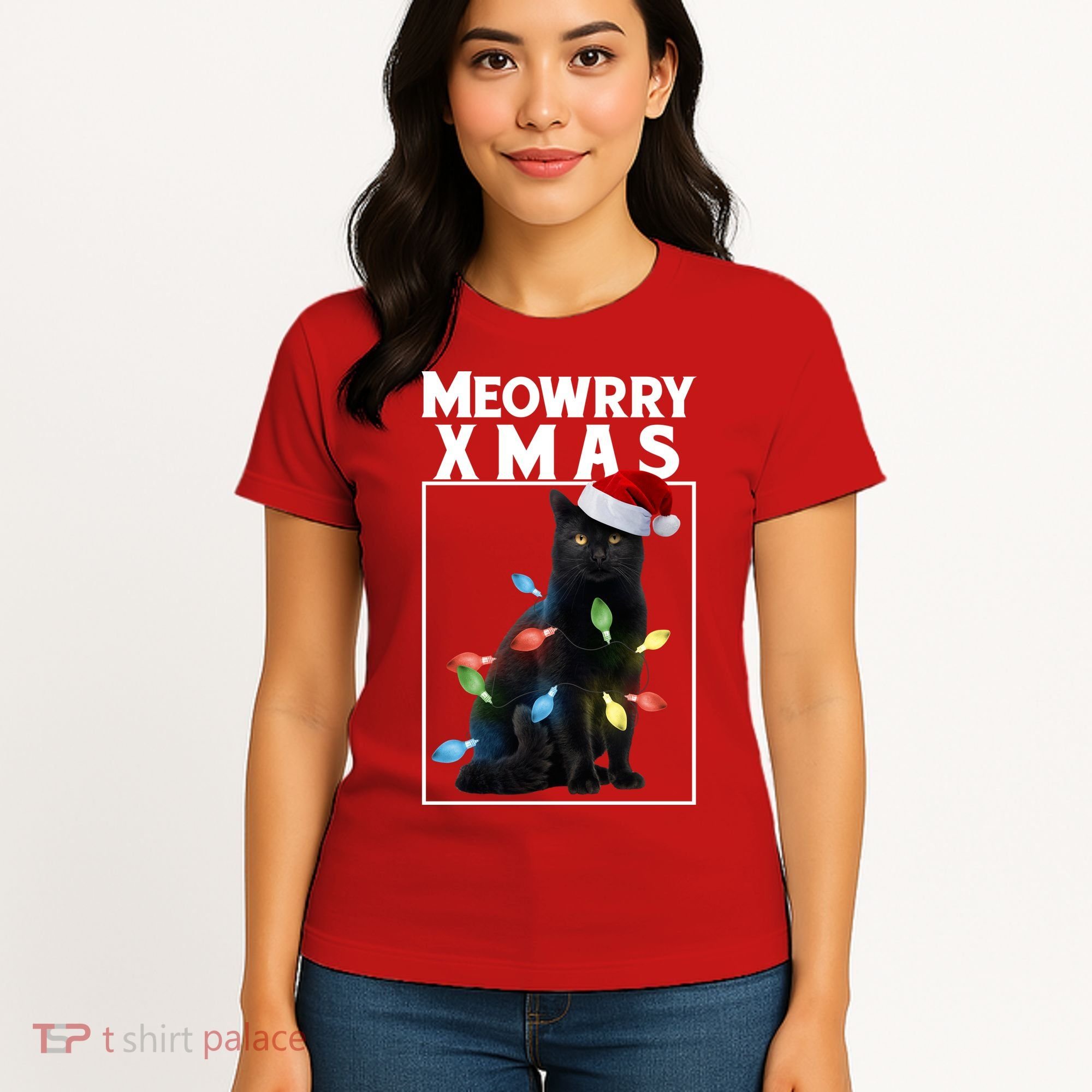 Meowy Christmas Cat With Lights And Santa Hat Women's T-Shirt