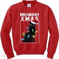 Meowy Christmas Cat With Lights And Santa Hat Kids Sweatshirt thumb 0