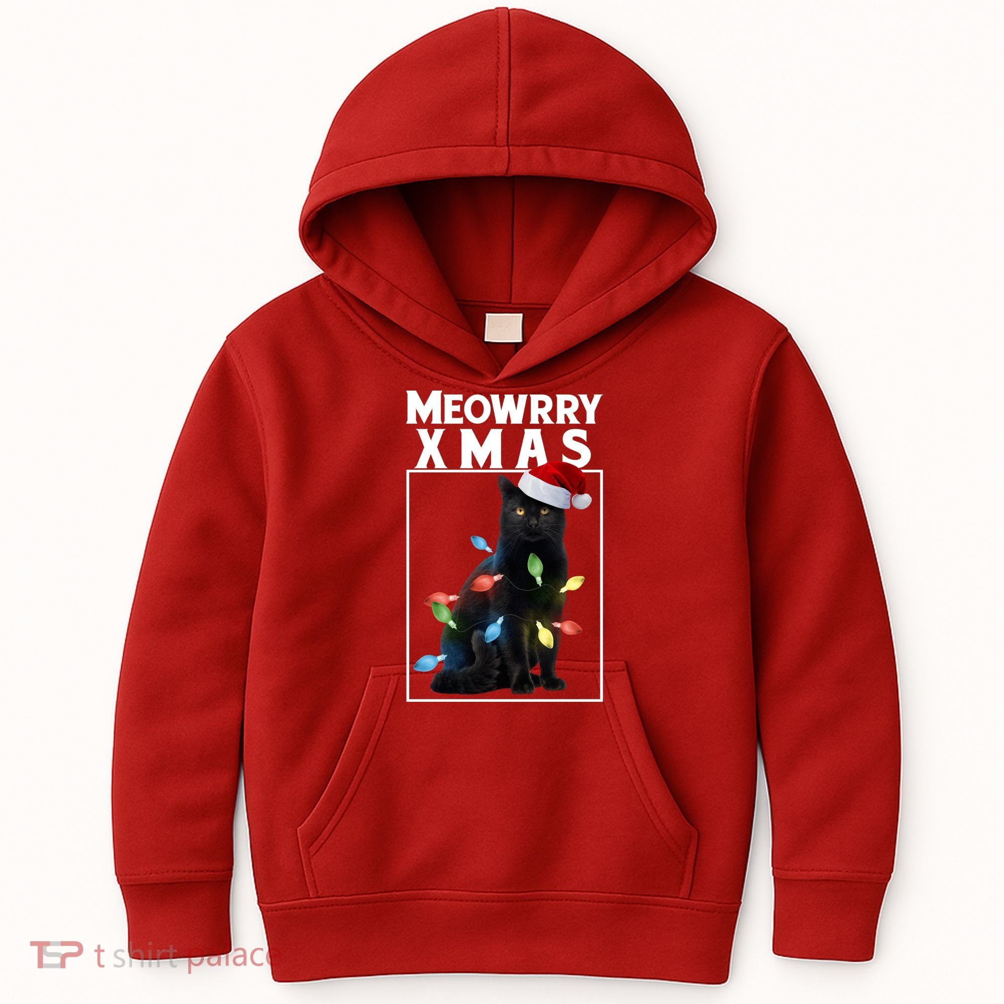 Meowy Christmas Cat With Lights And Santa Hat Kids Hoodie