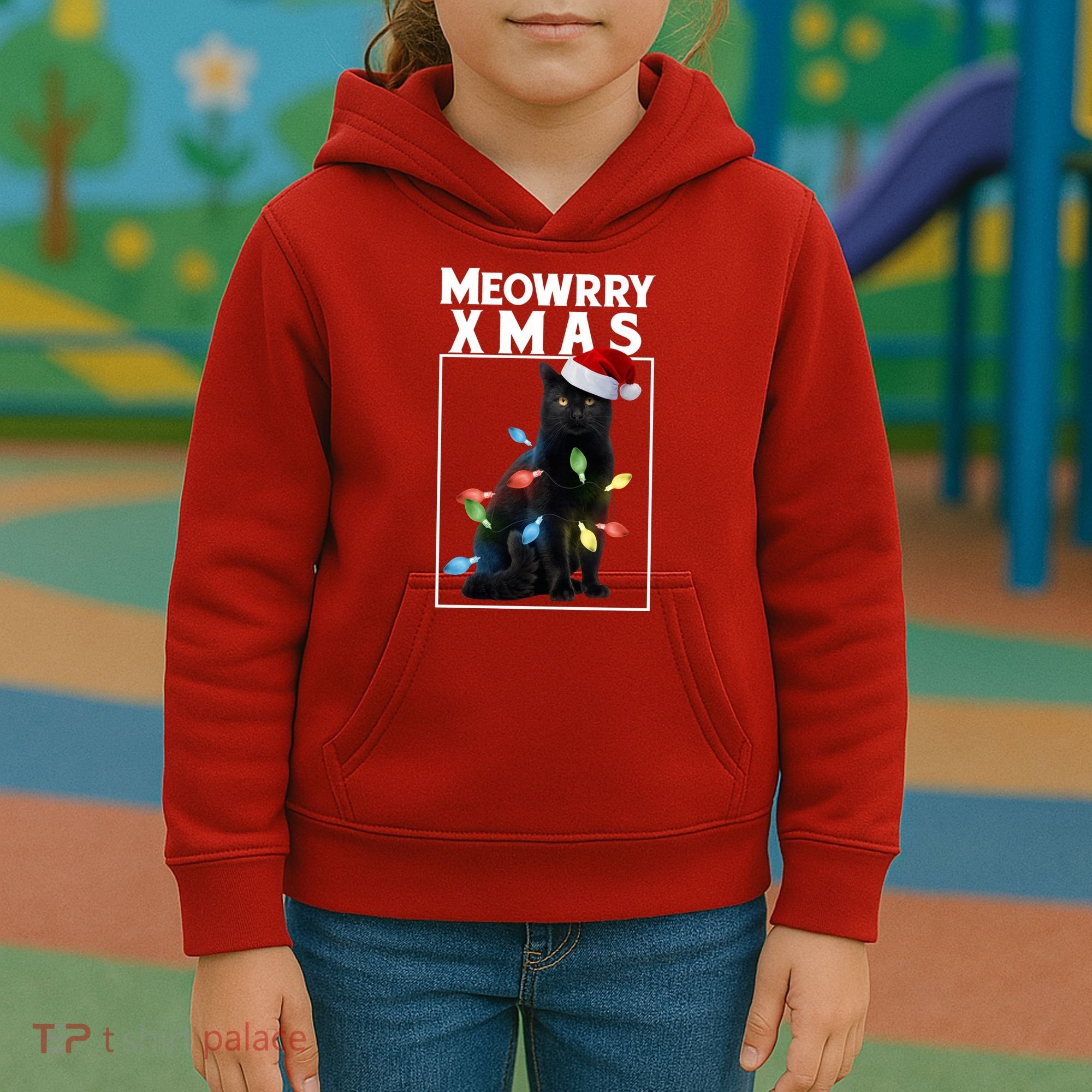 Meowy Christmas Cat With Lights And Santa Hat Kids Hoodie