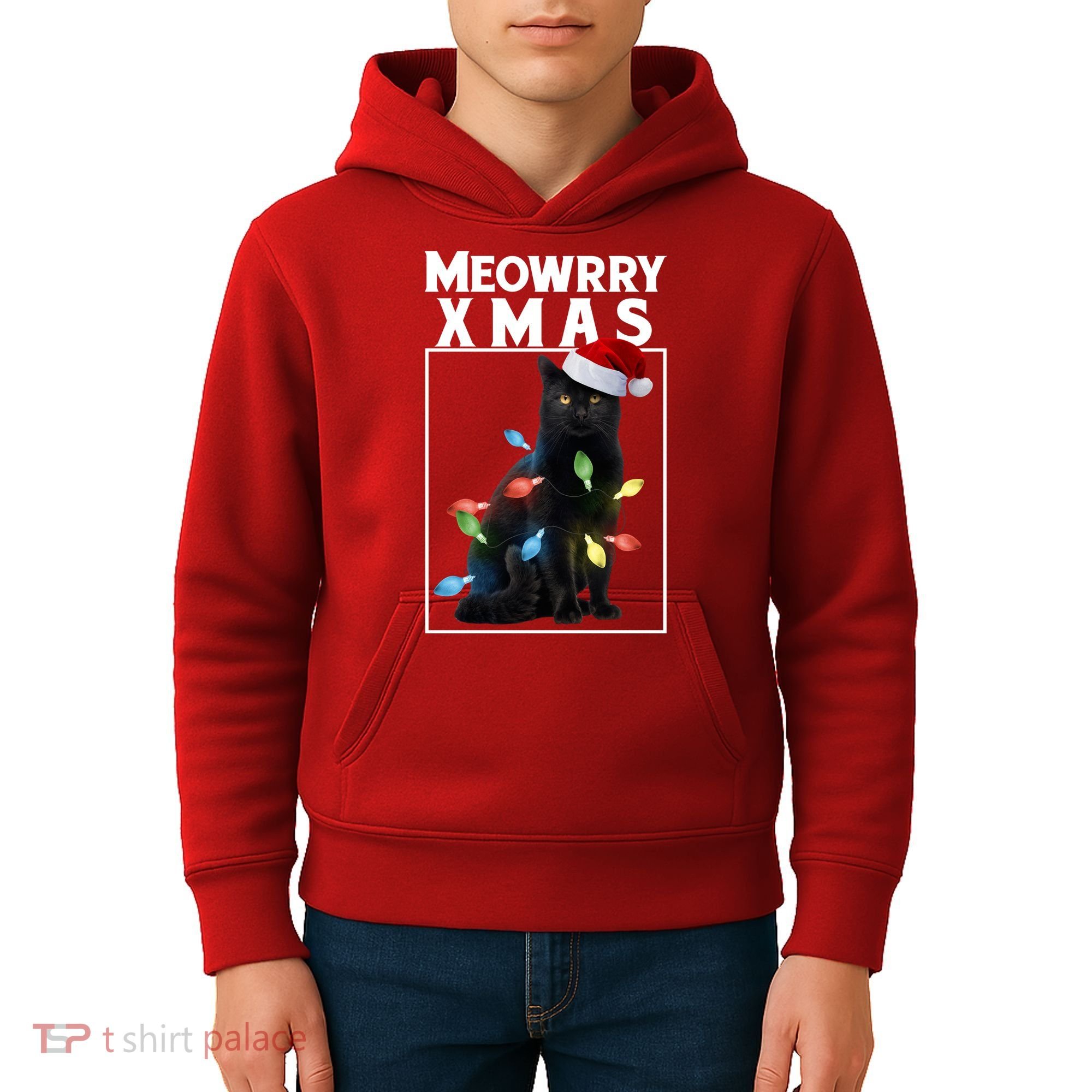 Meowy Christmas Cat With Lights And Santa Hat Kids Hoodie