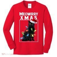Meowy Christmas Cat With Lights And Santa Hat Kids Long Sleeve Shirt thumb 0