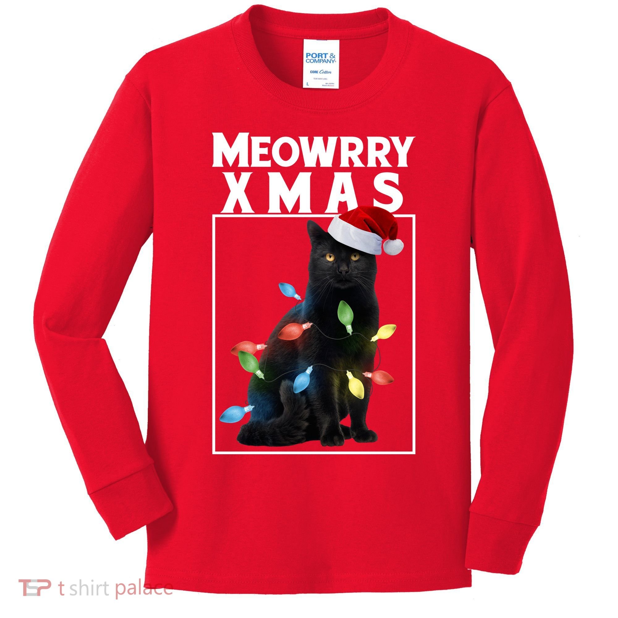 Meowy Christmas Cat With Lights And Santa Hat Kids Long Sleeve Shirt