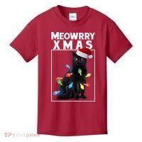 Meowy Christmas Cat With Lights And Santa Hat Kids T-Shirt thumb 0