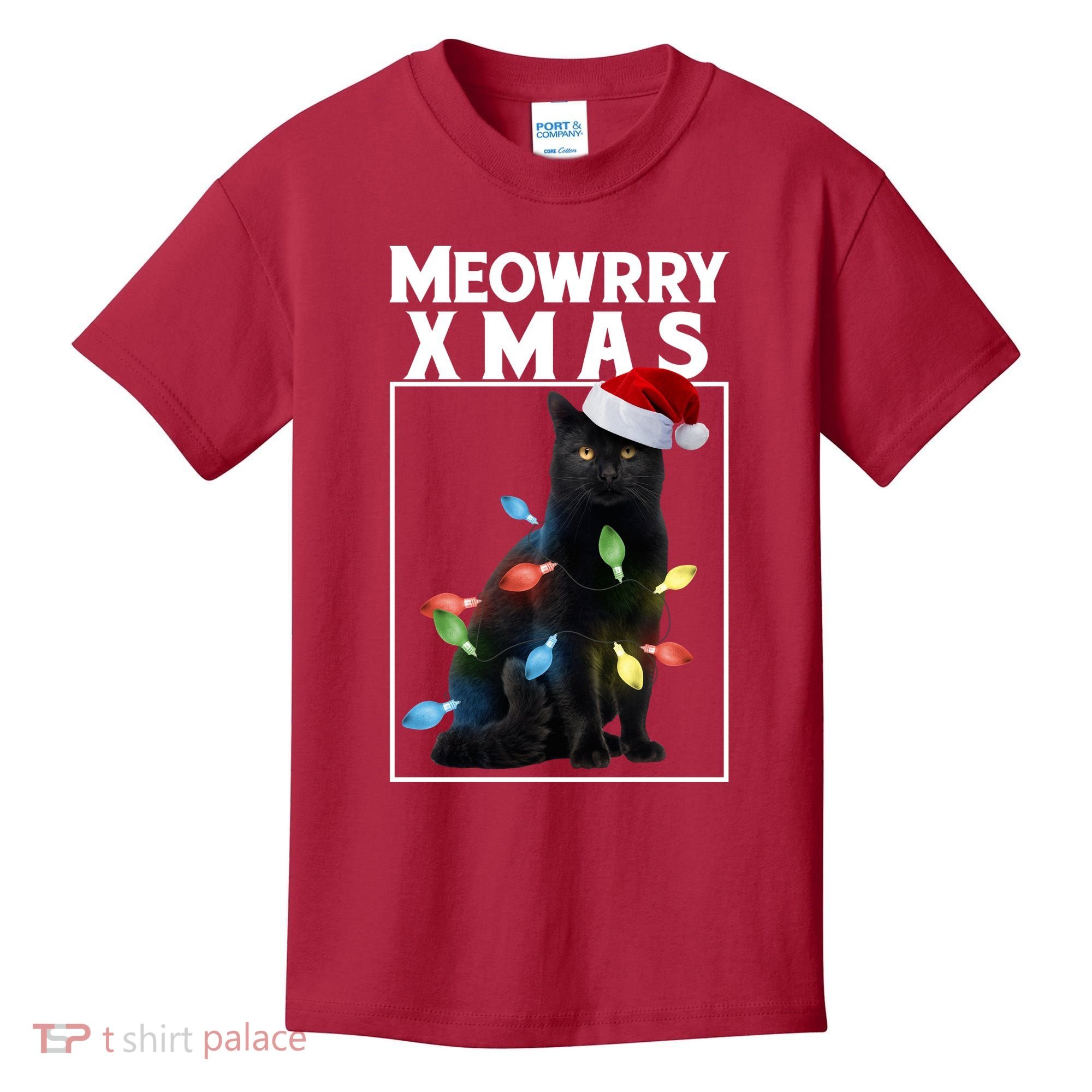 Meowy Christmas Cat With Lights And Santa Hat Kids T-Shirt