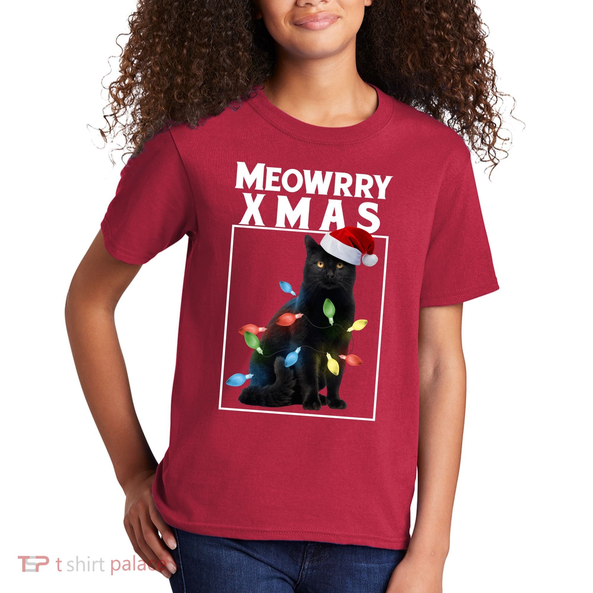Meowy Christmas Cat With Lights And Santa Hat Kids T-Shirt