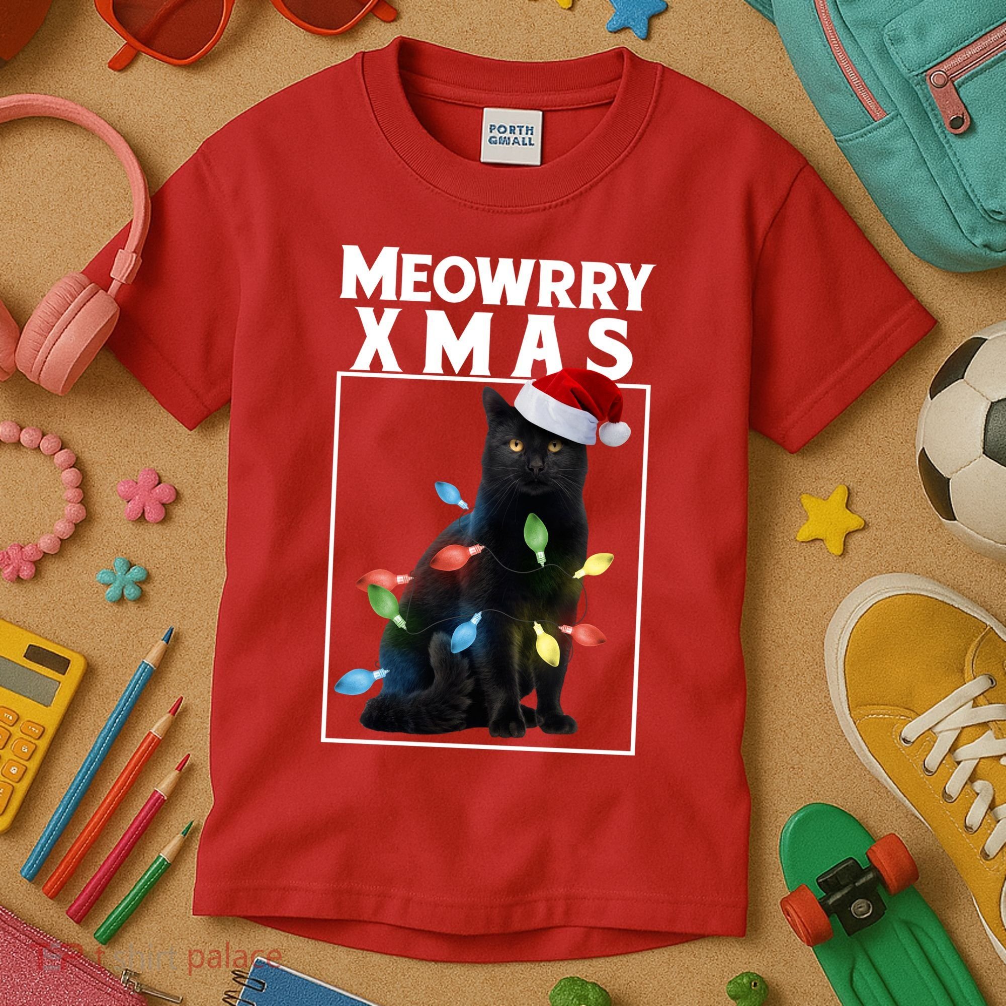 Meowy Christmas Cat With Lights And Santa Hat Kids T-Shirt