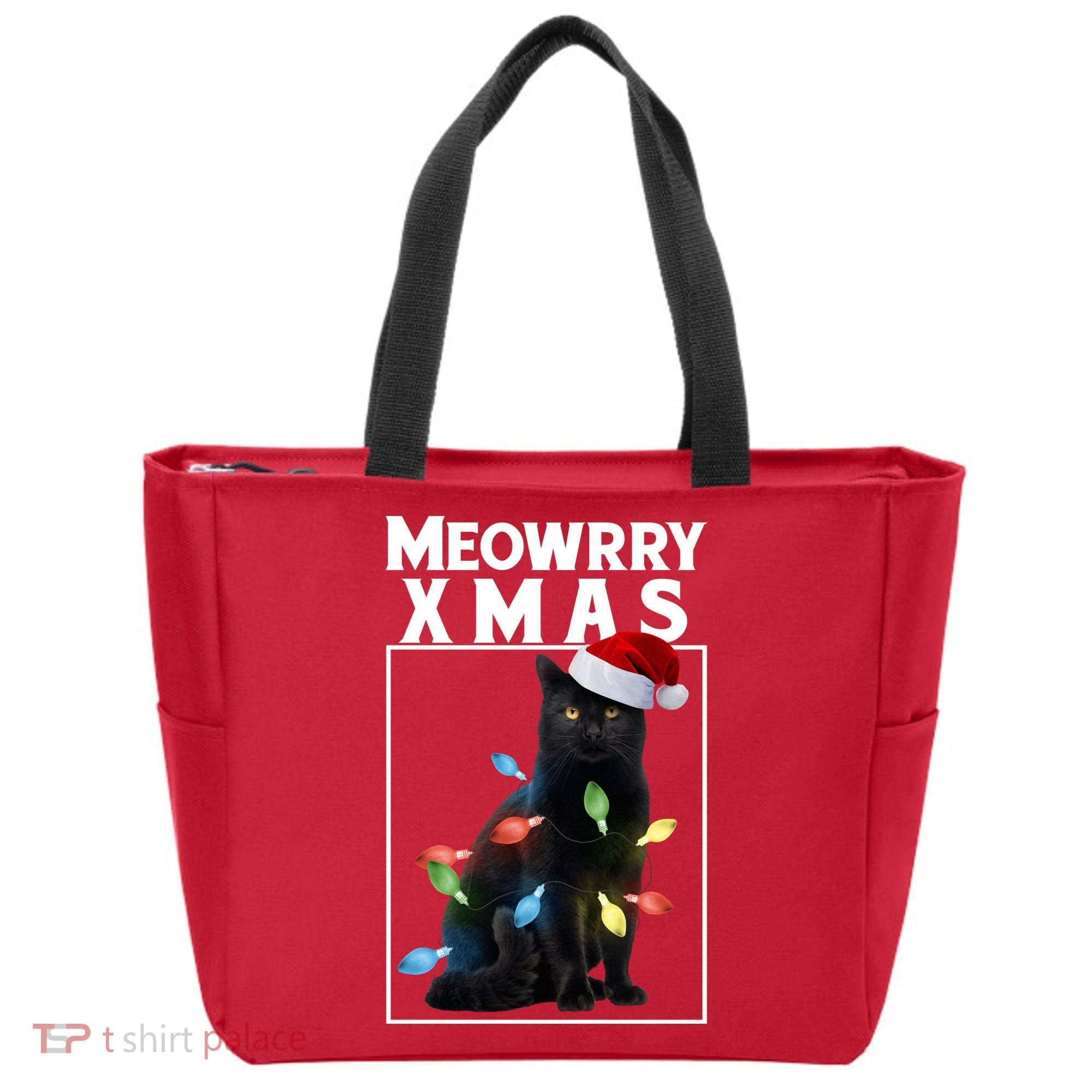 Meowy Christmas Cat With Lights And Santa Hat Tote Bag