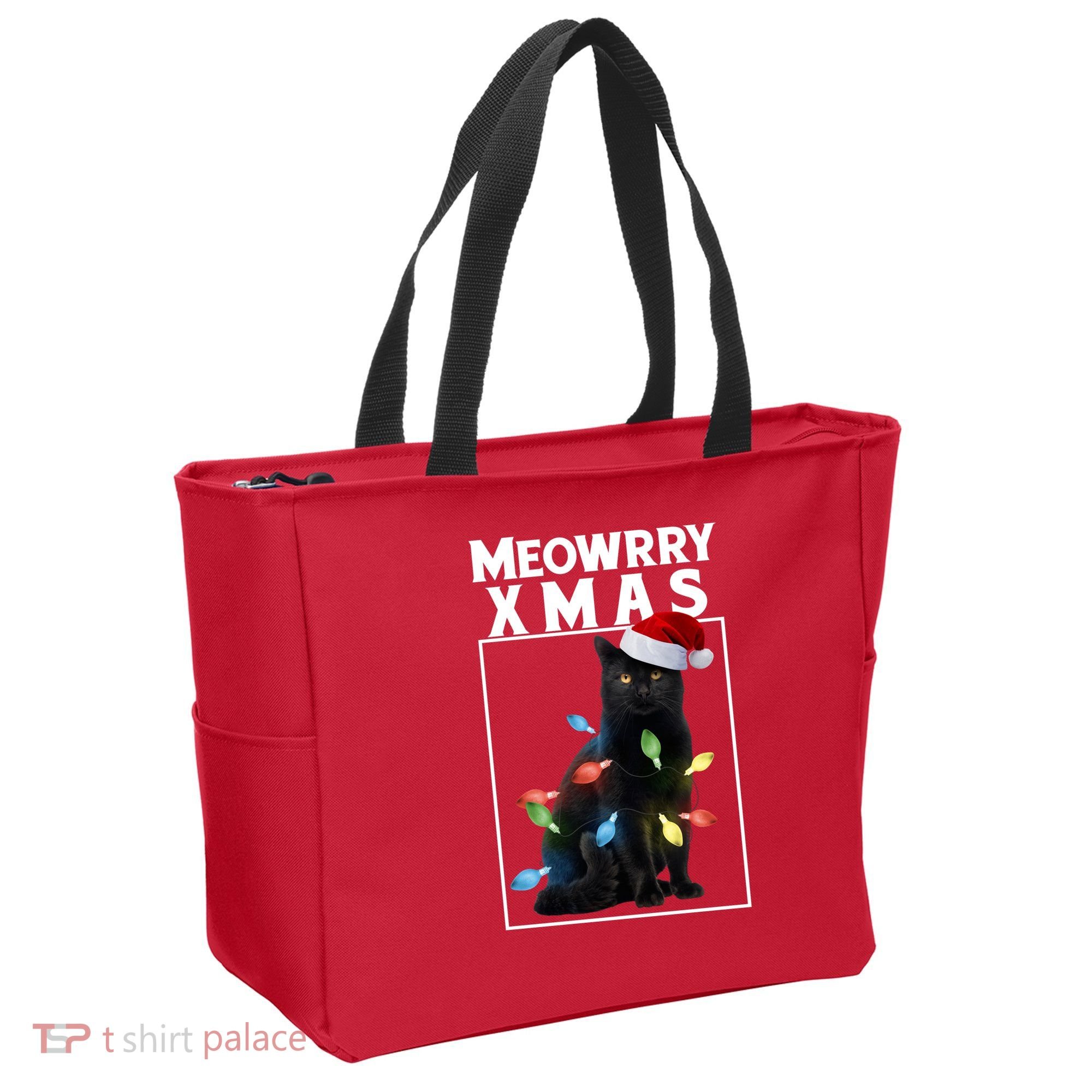 Meowy Christmas Cat With Lights And Santa Hat Tote Bag