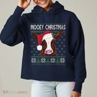 Mooey Christmas Cow Christmas Ugly Sweater Ladies Heavyweight Boxy Pullover Hoodie thumb 0