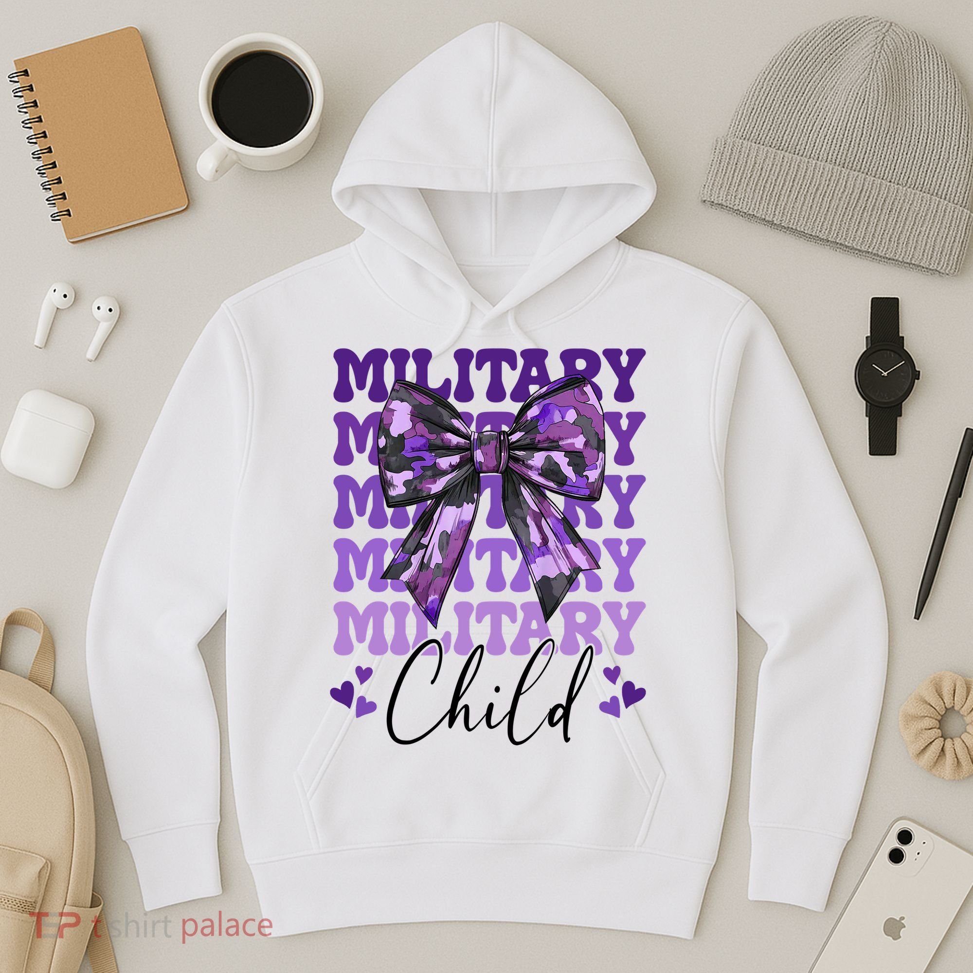 Military Child Coquette Bow Purple Up Camo Hoodie