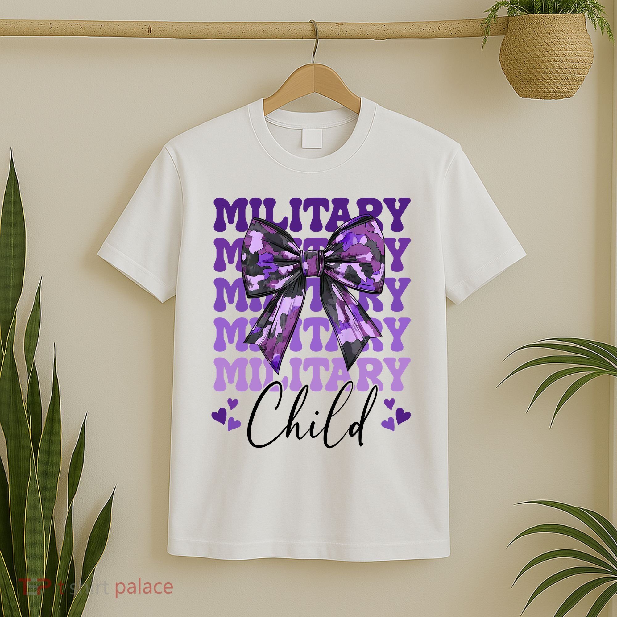Military Child Coquette Bow Purple Up Camo T-Shirt