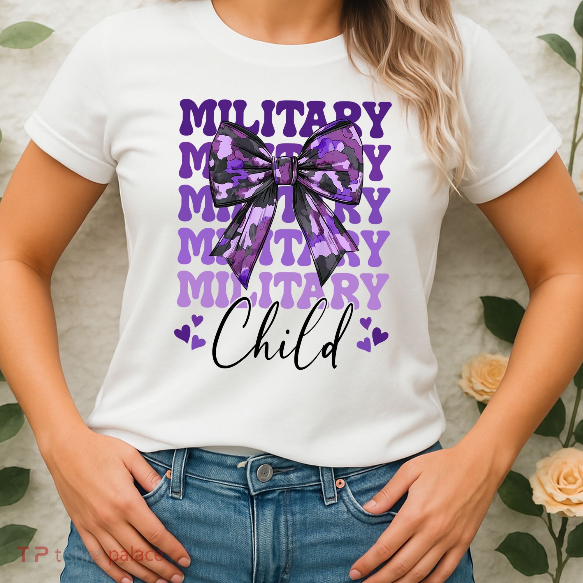 Military Child Coquette Bow Purple Up Camo Women's T-Shirt