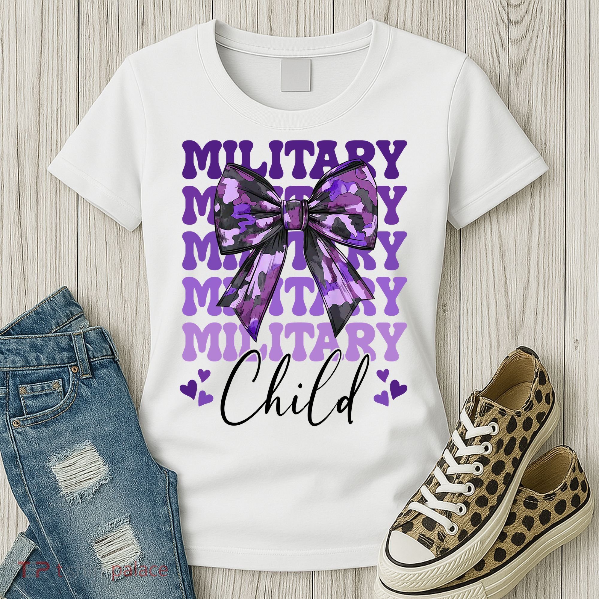 Military Child Coquette Bow Purple Up Camo Women's T-Shirt