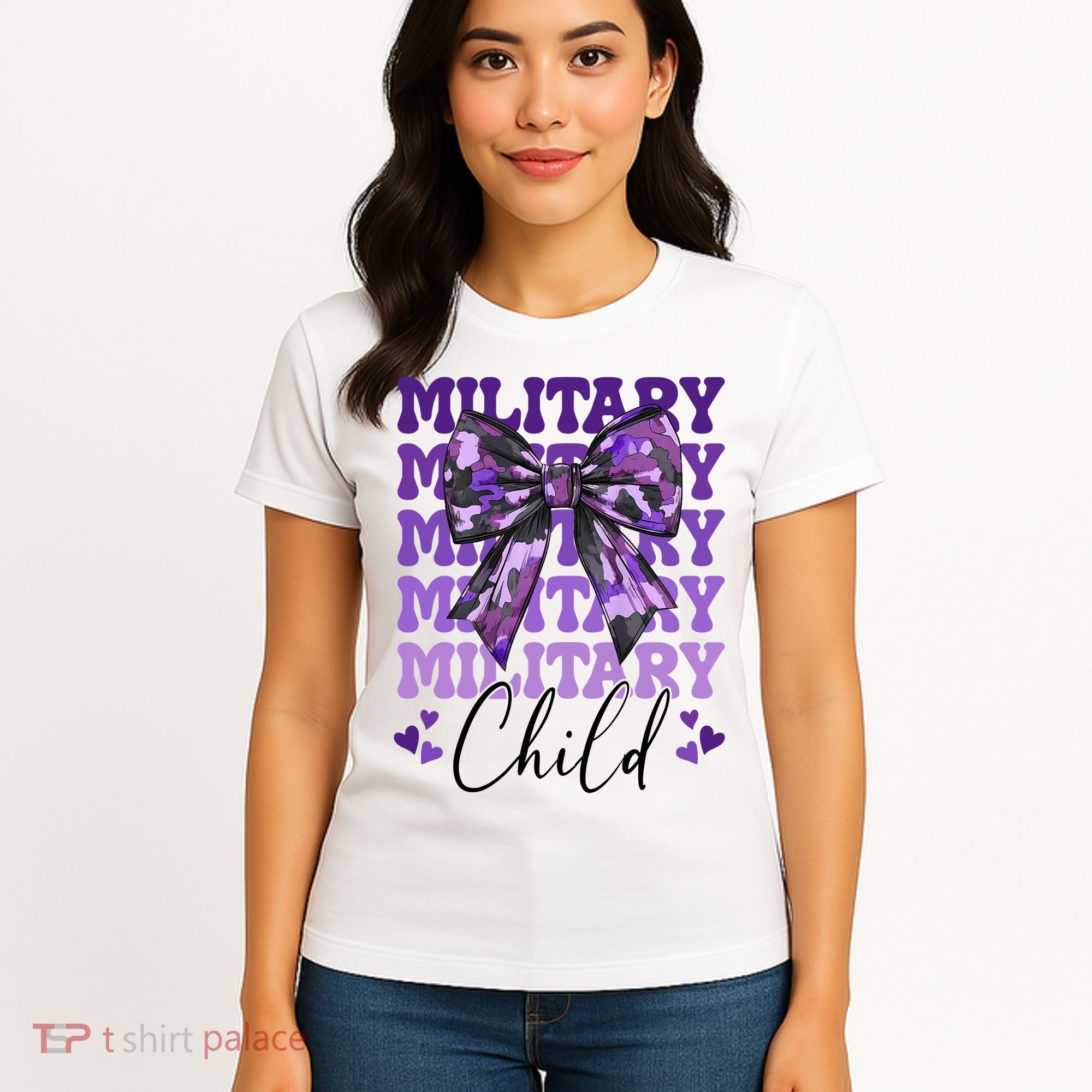 Military Child Coquette Bow Purple Up Camo Women's T-Shirt