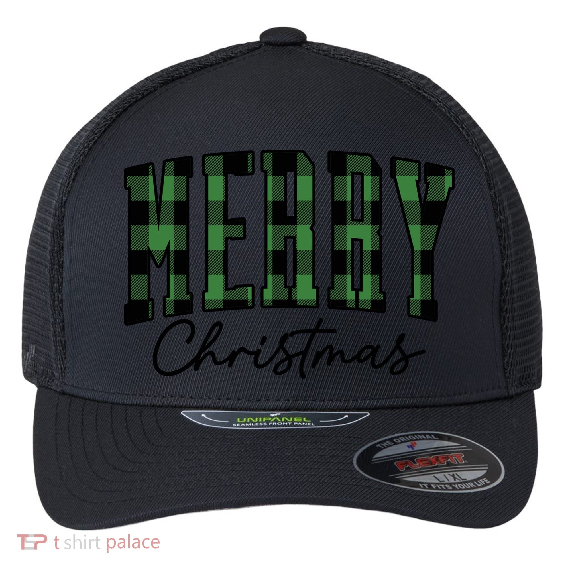 Merry Christmas Cool Green Plaid Flexfit Unipanel Trucker Cap