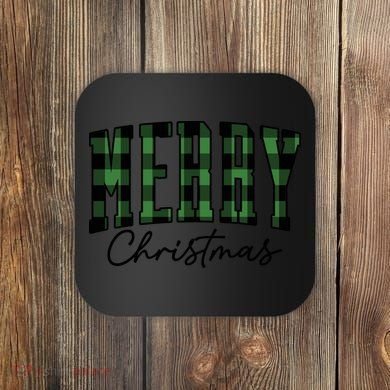 Merry Christmas Cool Green Plaid Coaster