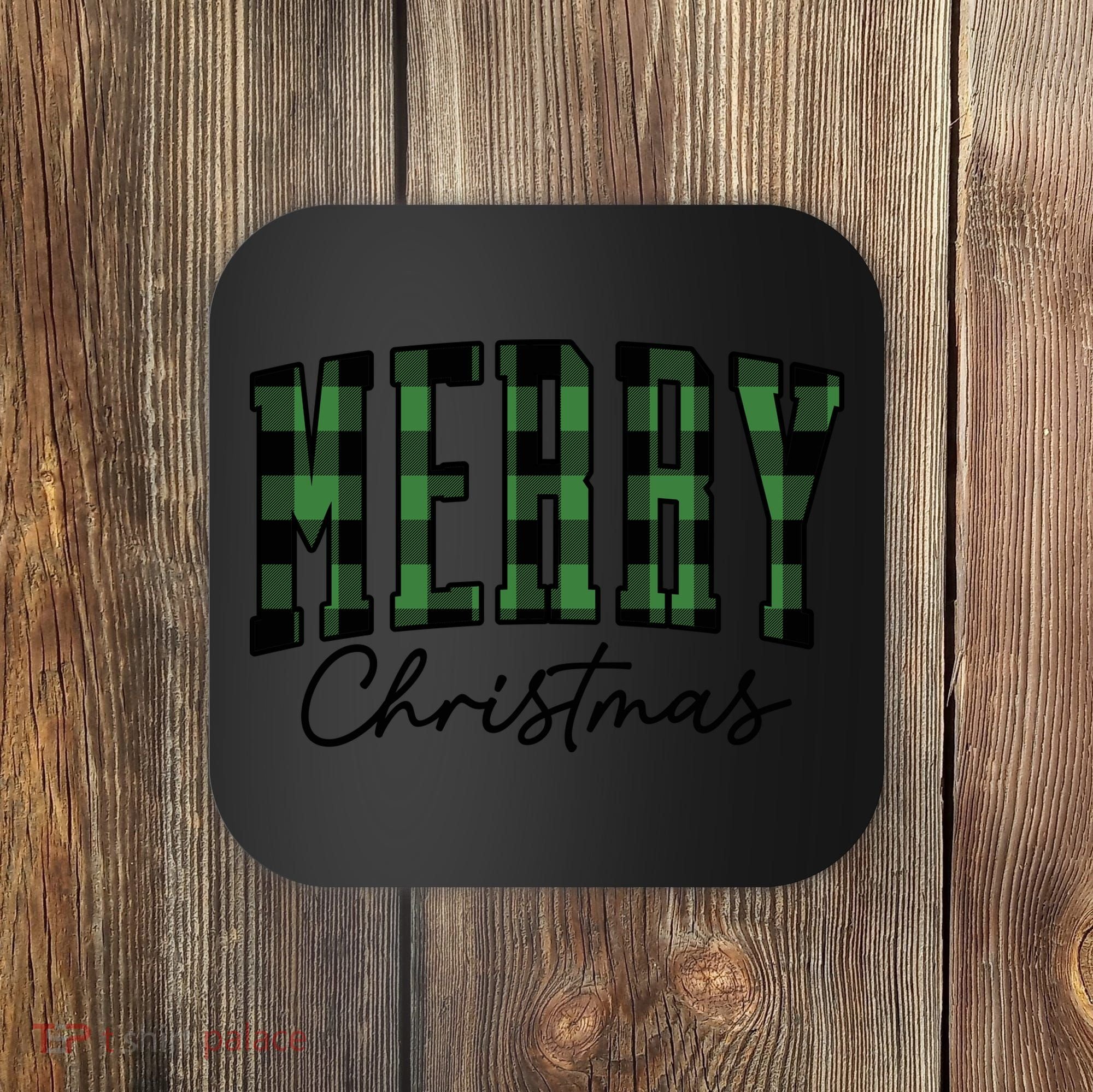 Merry Christmas Cool Green Plaid Coaster
