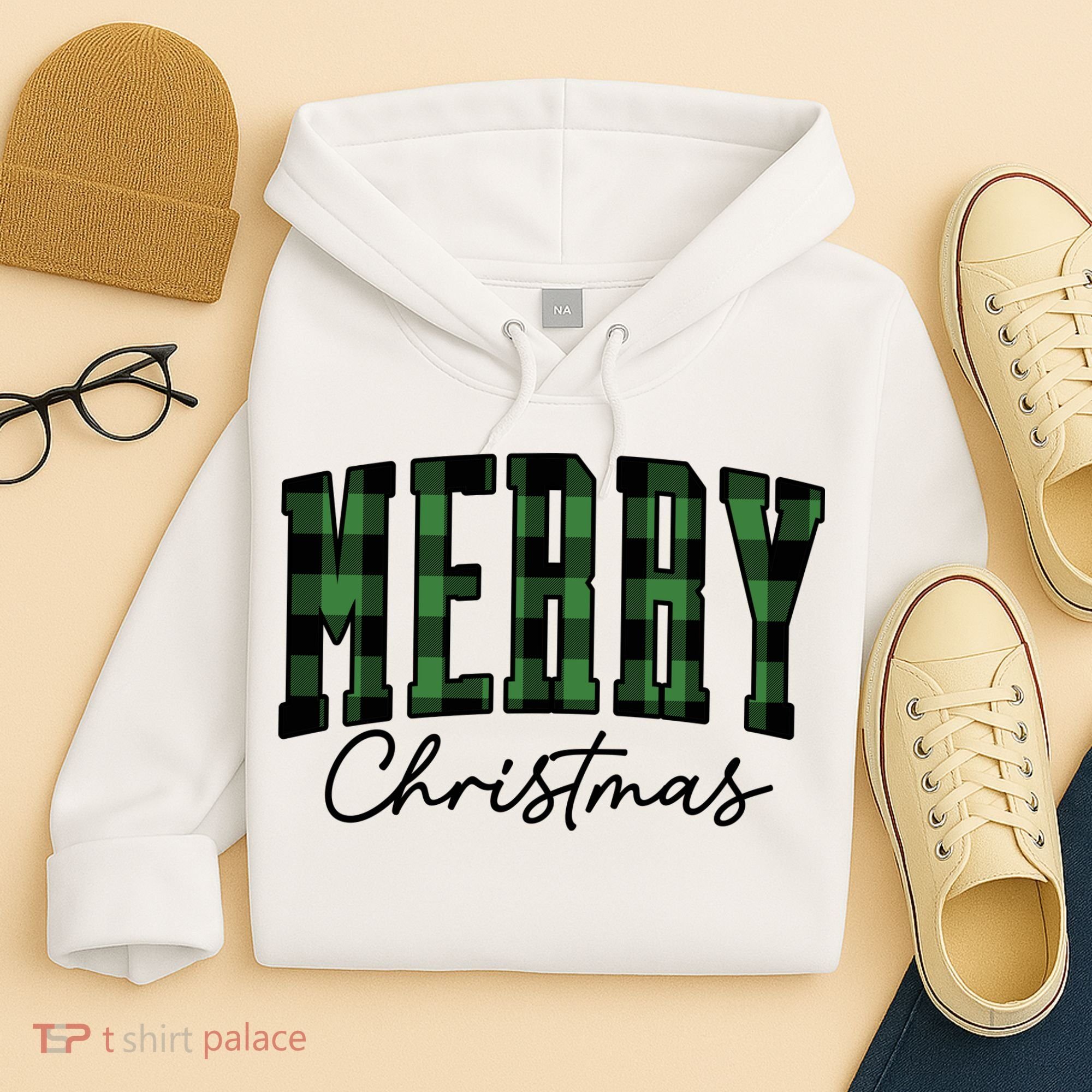 Merry Christmas Cool Green Plaid Hoodie