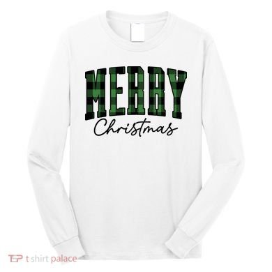 Merry Christmas Cool Green Plaid Long Sleeve Shirt