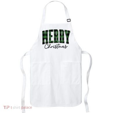 Merry Christmas Cool Green Plaid Apron