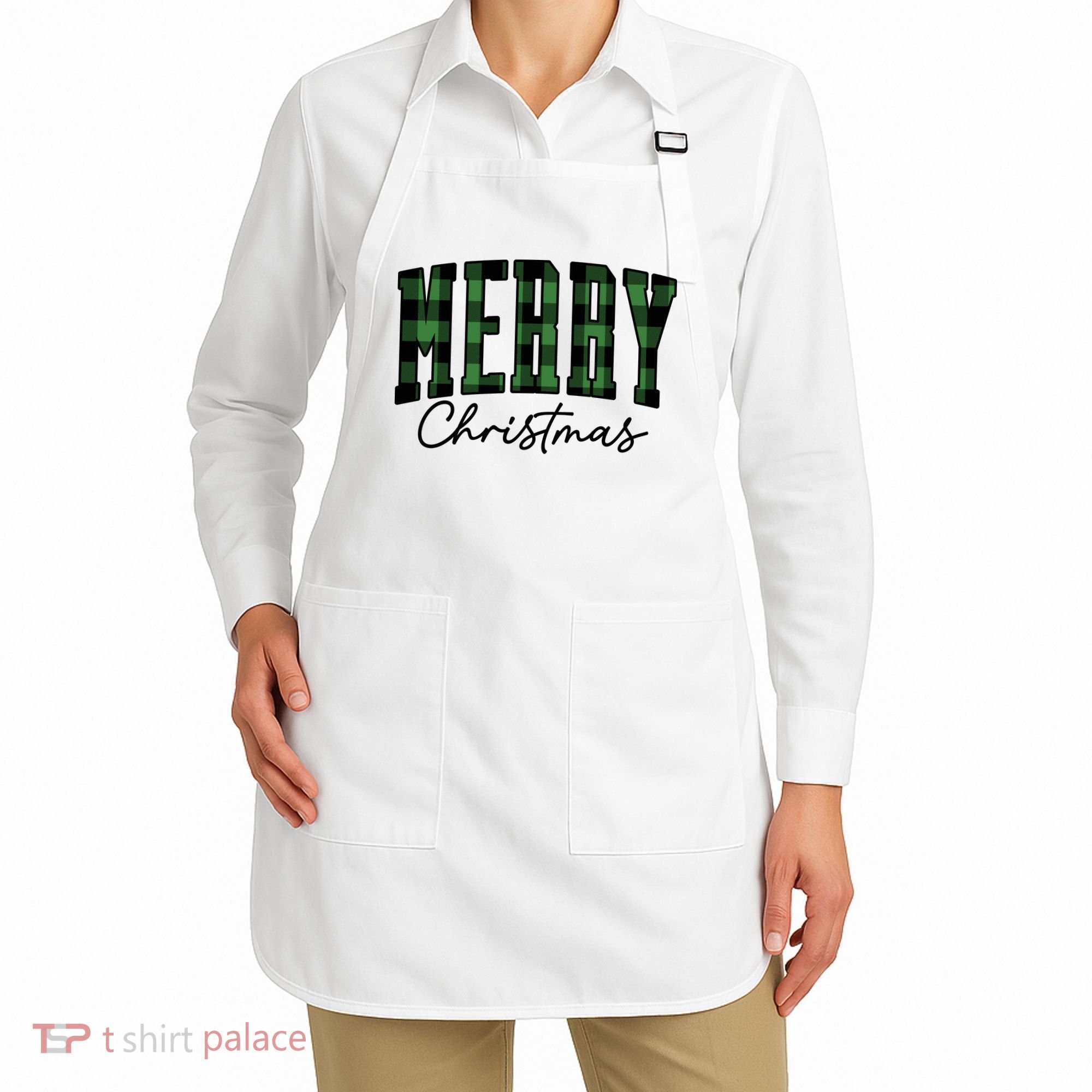 Merry Christmas Cool Green Plaid Apron