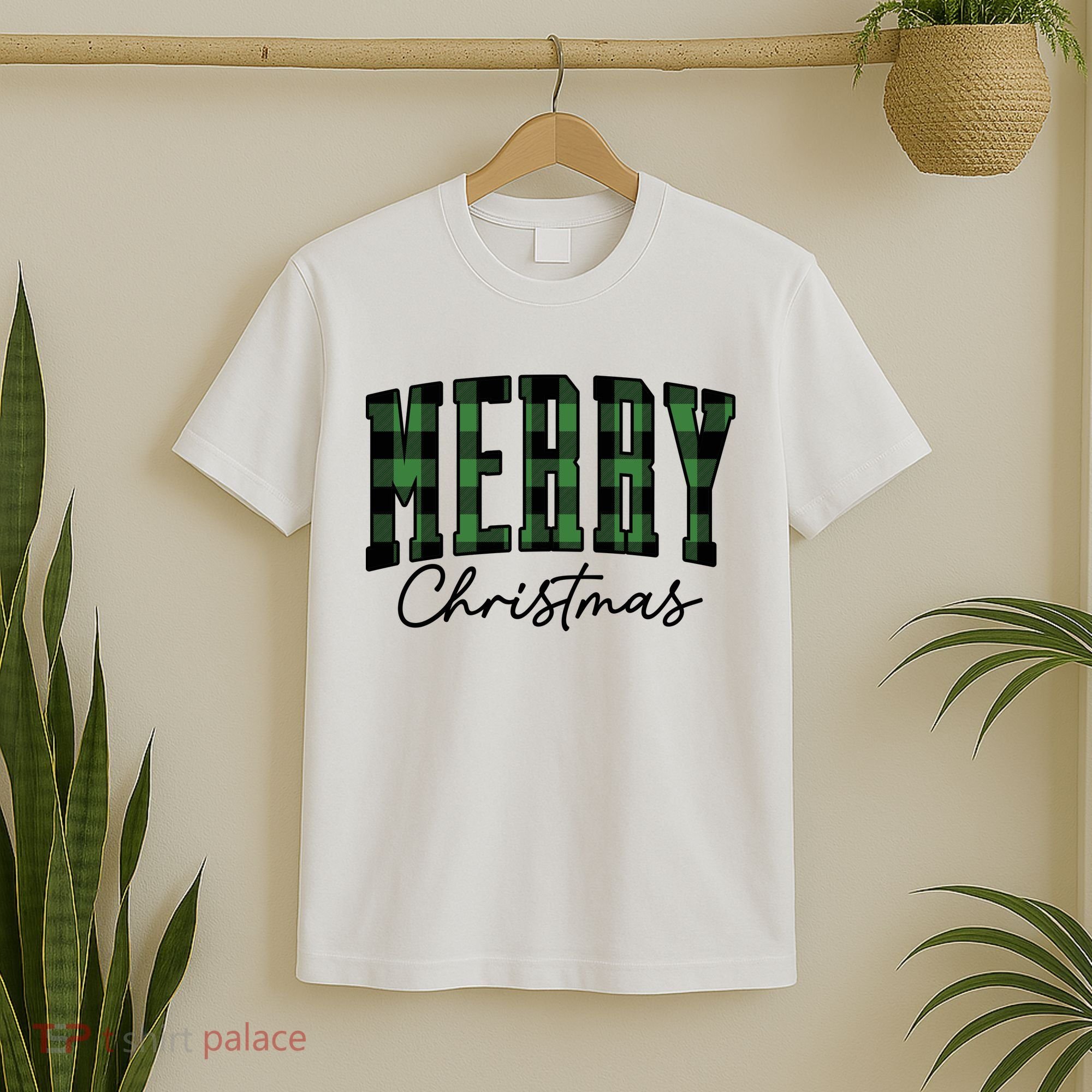 Merry Christmas Cool Green Plaid T-Shirt