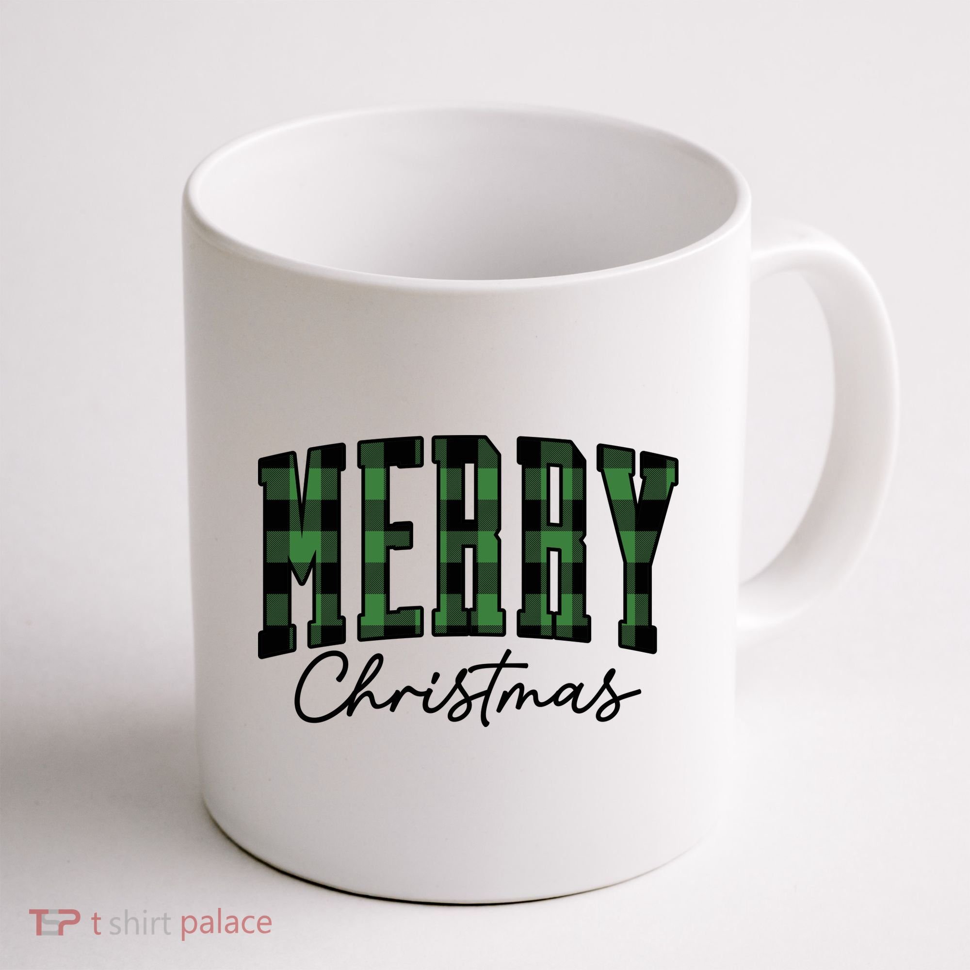 Merry Christmas Cool Green Plaid Coffee Mug