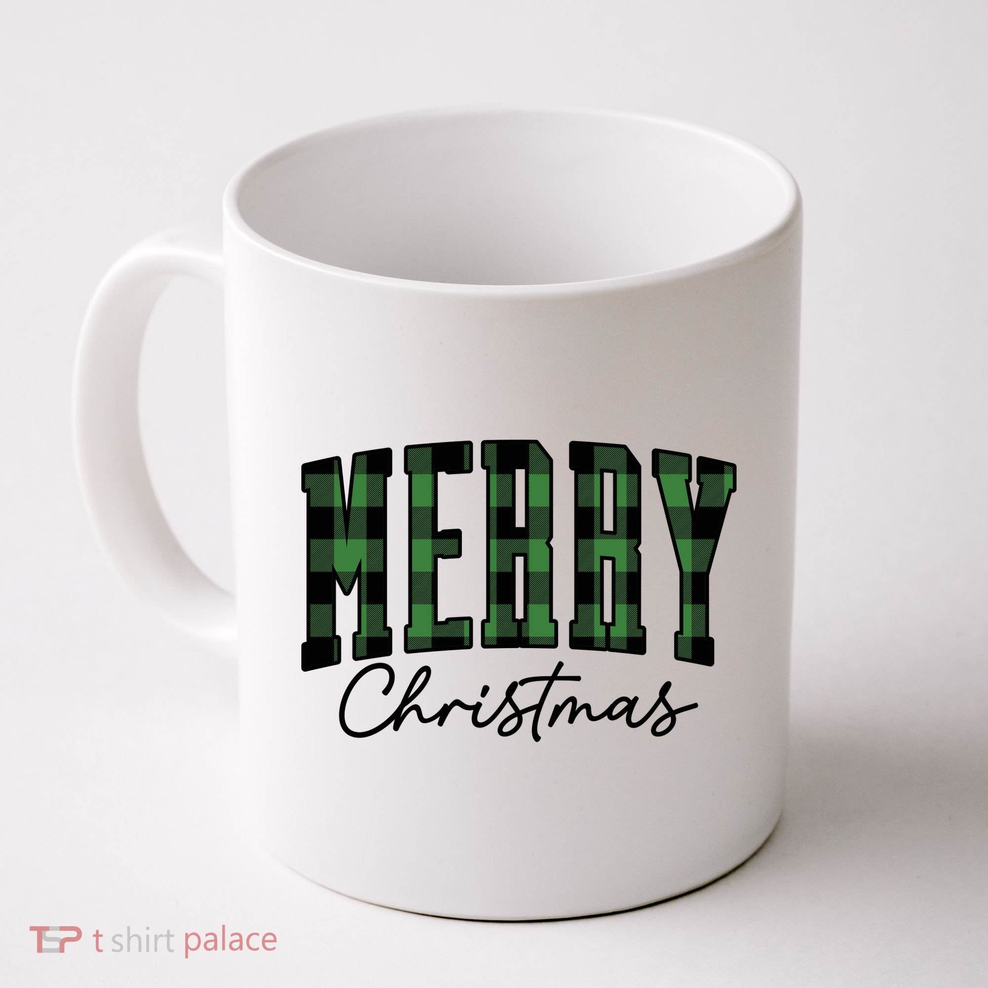 Merry Christmas Cool Green Plaid Coffee Mug