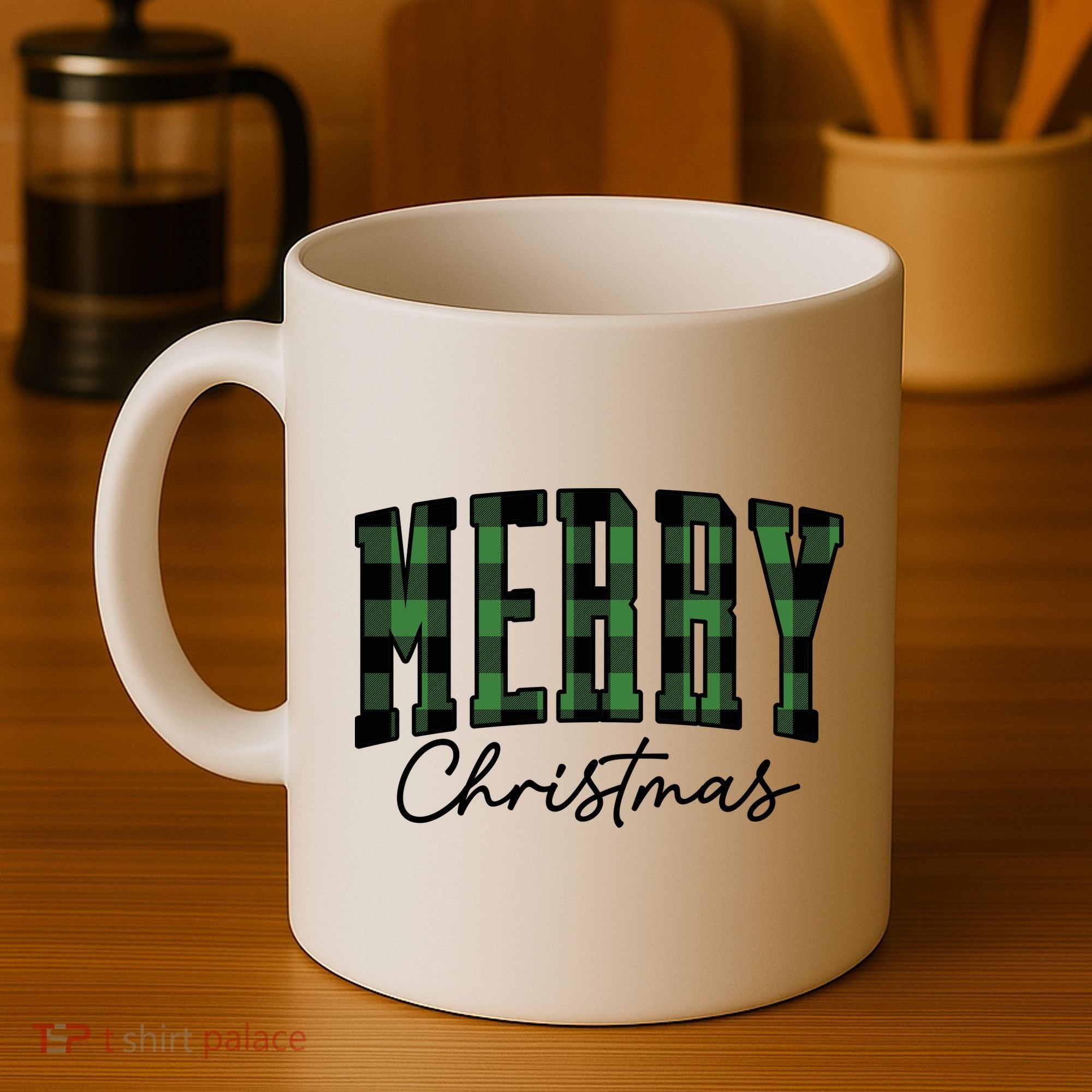 Merry Christmas Cool Green Plaid Coffee Mug