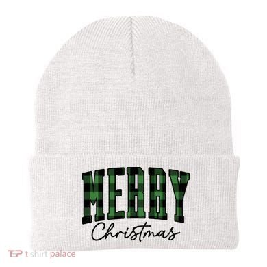 Merry Christmas Cool Green Plaid Beanie