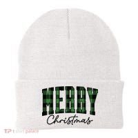 Merry Christmas Cool Green Plaid Beanie thumb 0