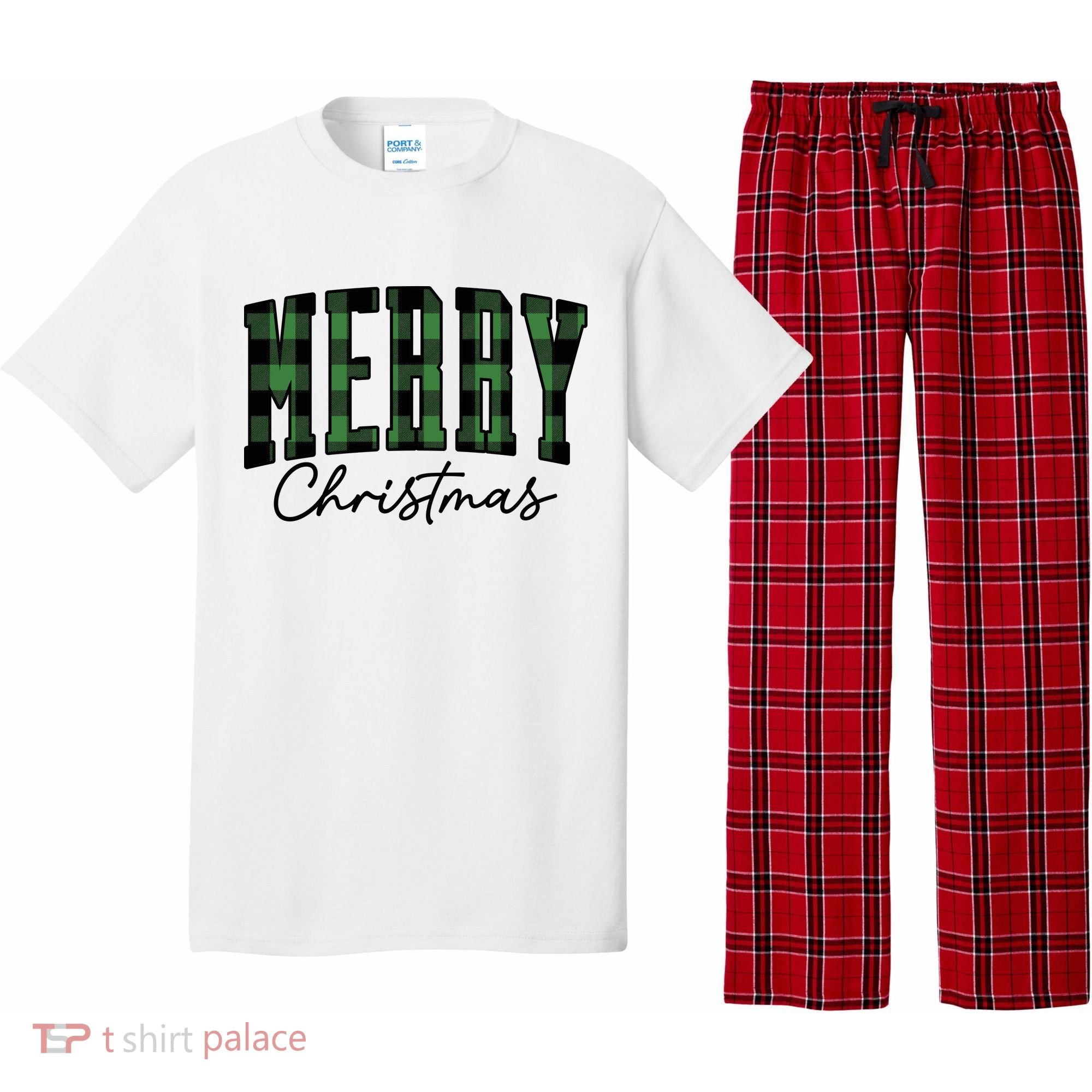 Merry Christmas Cool Green Plaid Pajama Set