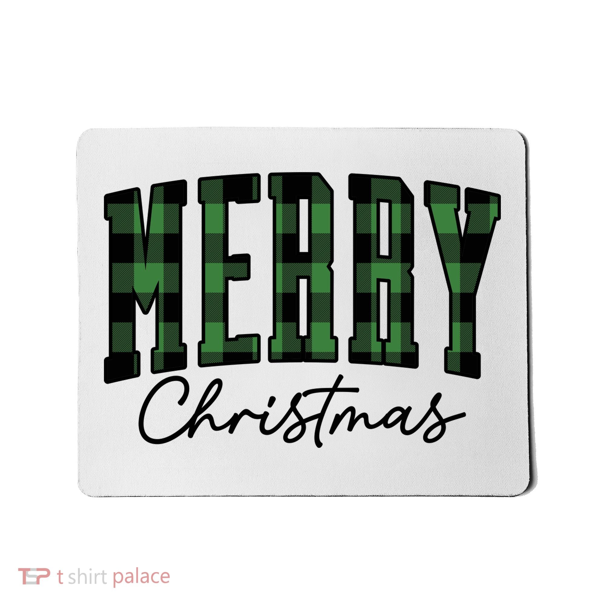 Merry Christmas Cool Green Plaid Mousepad