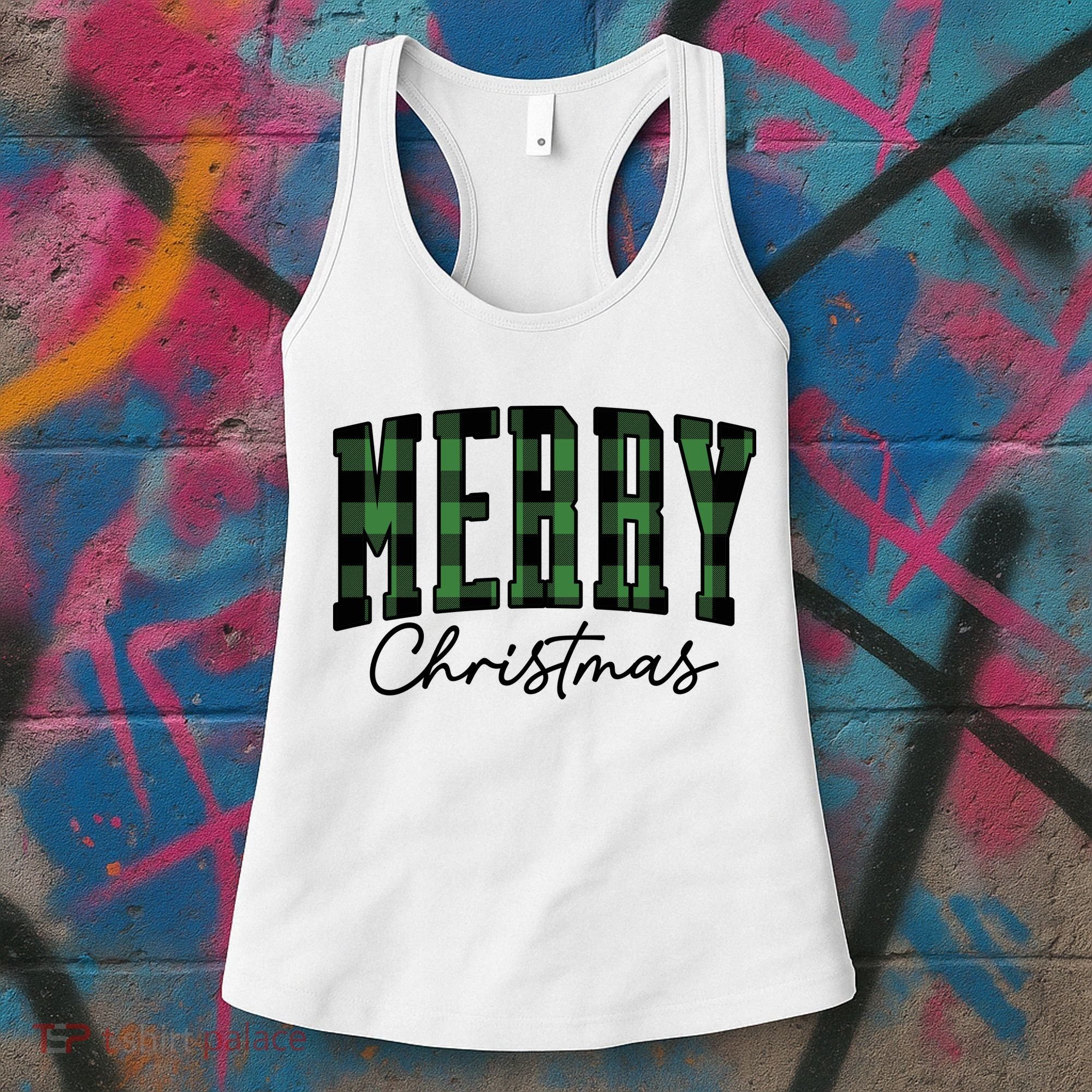 Merry Christmas Cool Green Plaid Women's Tank Top