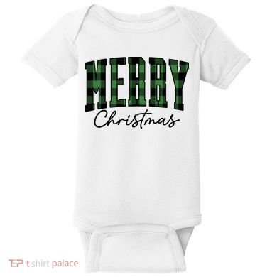 Merry Christmas Cool Green Plaid Baby Bodysuit