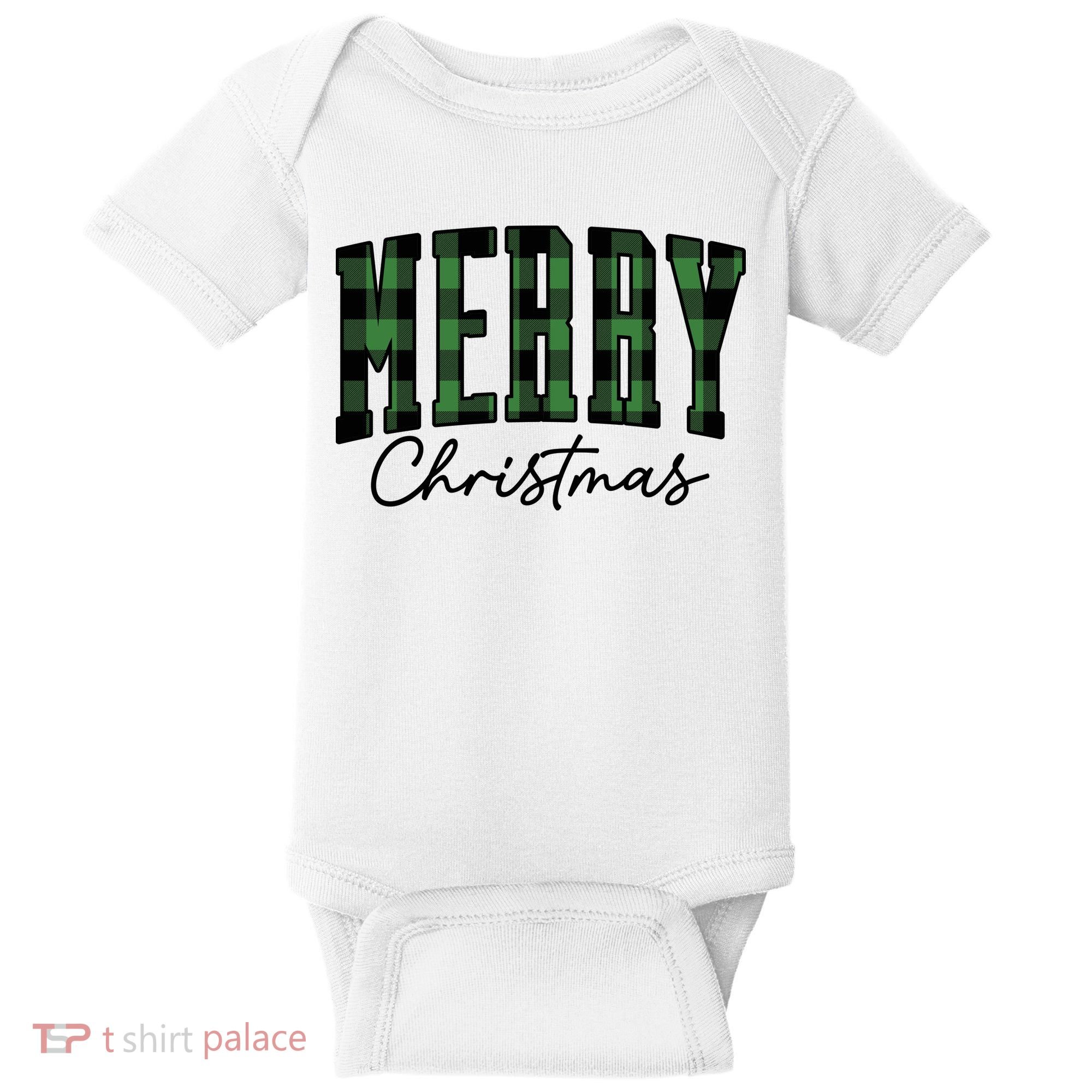 Merry Christmas Cool Green Plaid Baby Bodysuit
