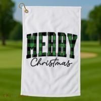 Merry Christmas Cool Green Plaid Golf Towel thumb 1